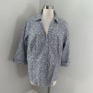 Croft & Barrow Womens Plus 2X Black White Floral Button Up Shirt 3/4 Sleeve Top